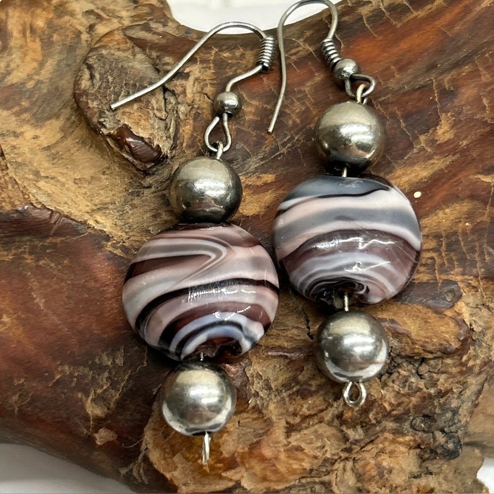 Round Art Glass Bead Earrings Purple Swirl And Silvertone Beads And Hooks
